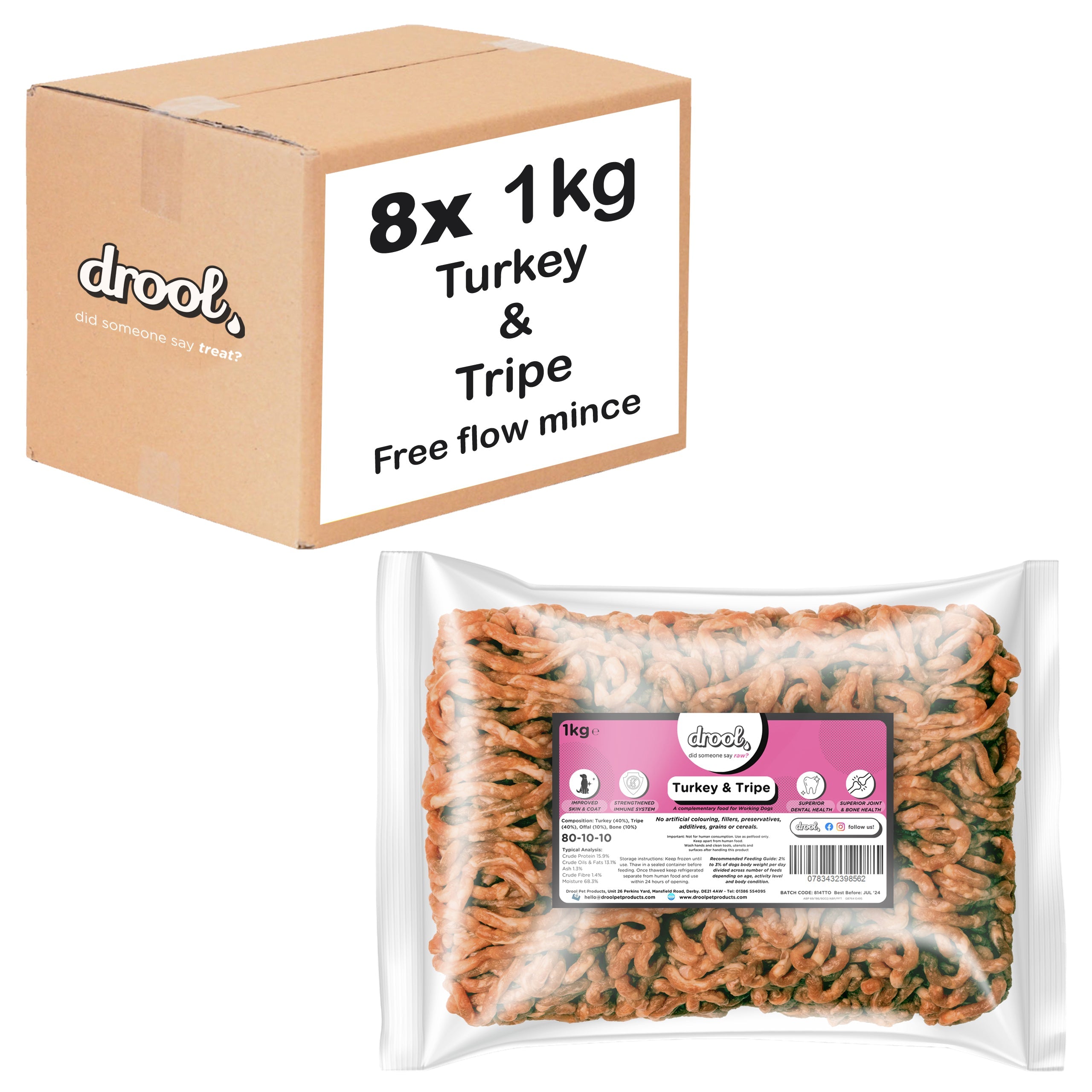 Turkey & Tripe Freeflow Mince 80/10/10 (8x1kg pack) Wholesale