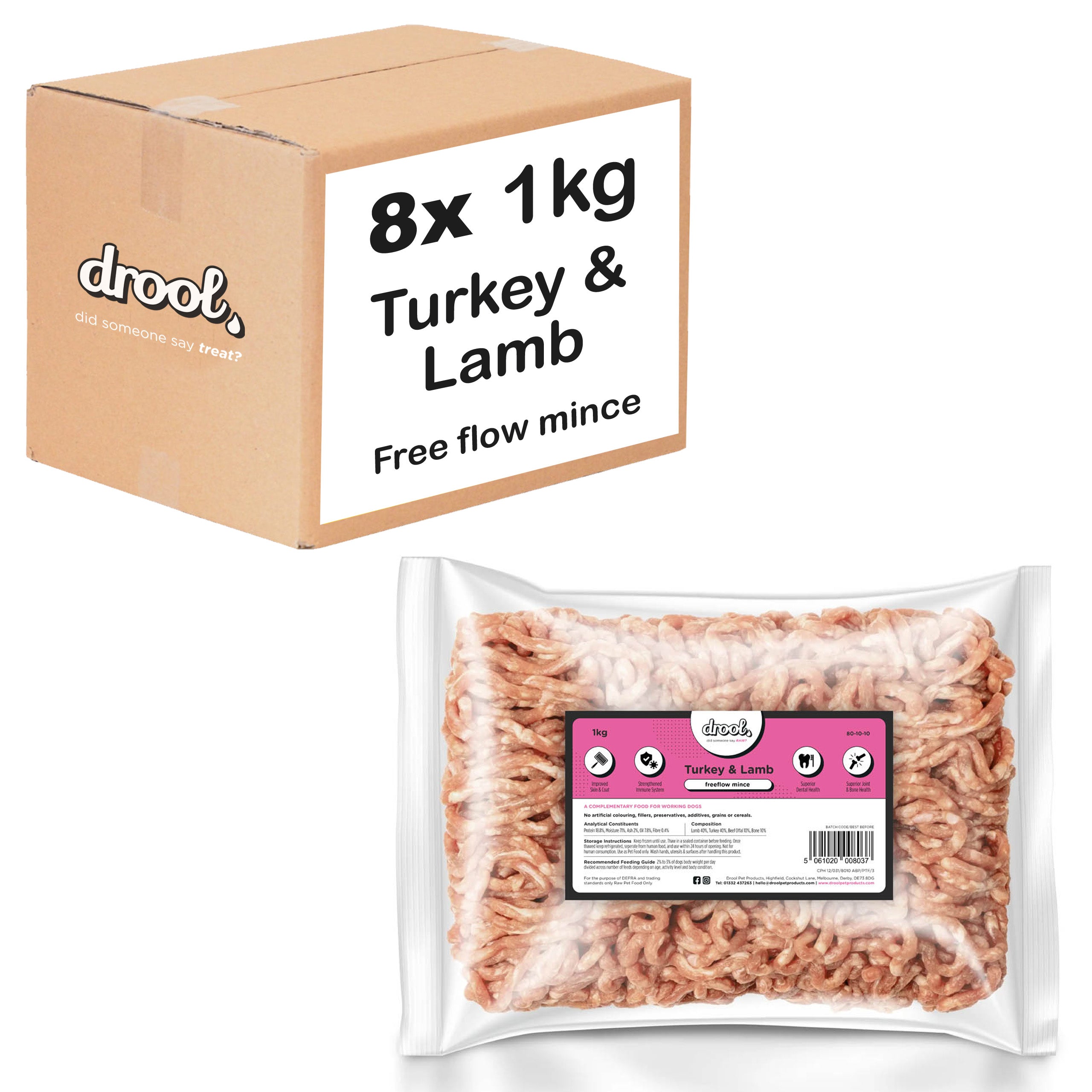 Drool Mince Freeflow Turkey & Lamb 1kg - 8 pack